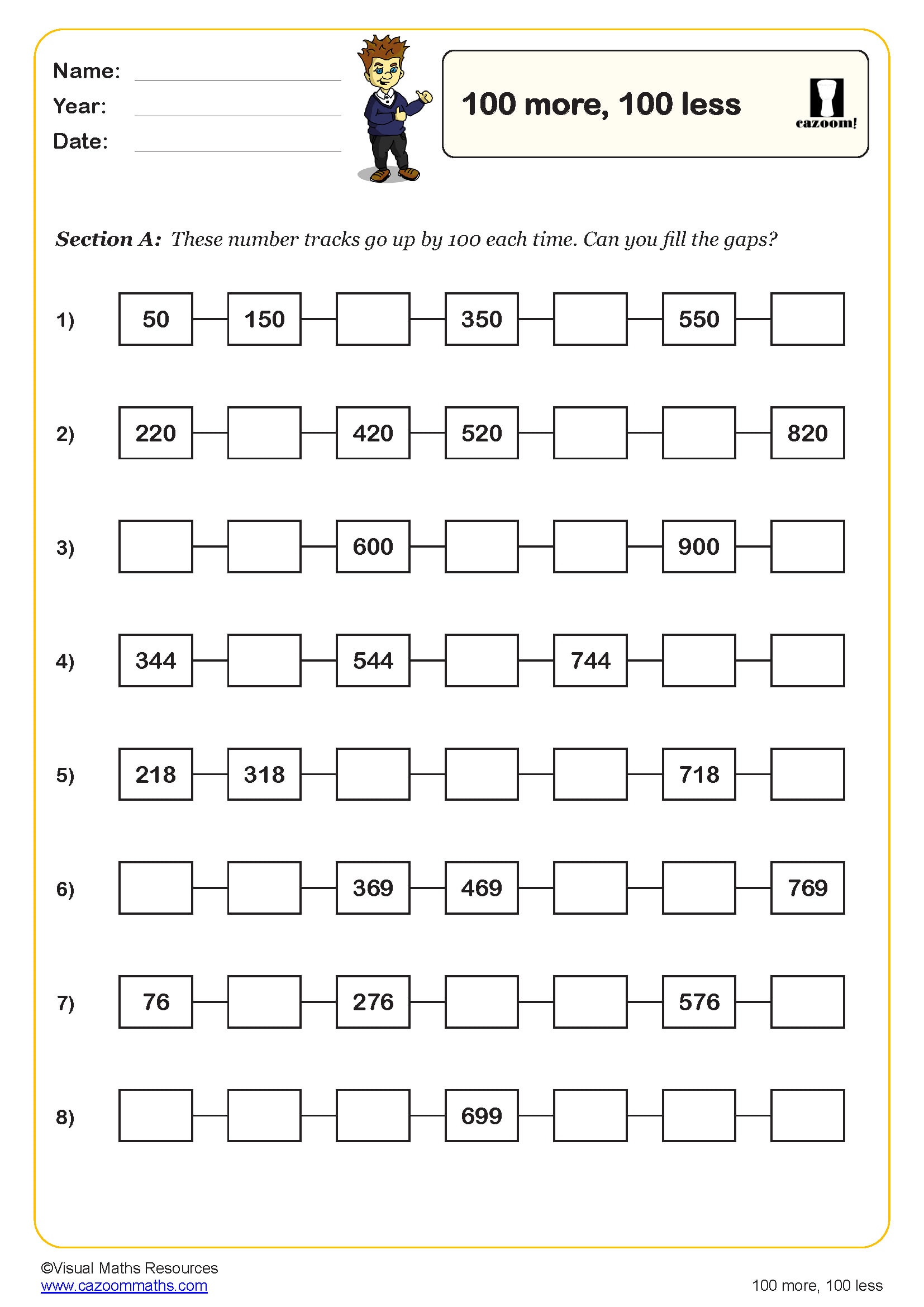 100 More 100 Less Worksheets