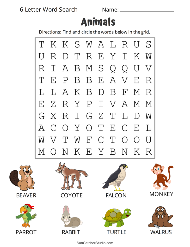 Free 6th Grade Word Search Printable featuring animals to find and circle in the grid