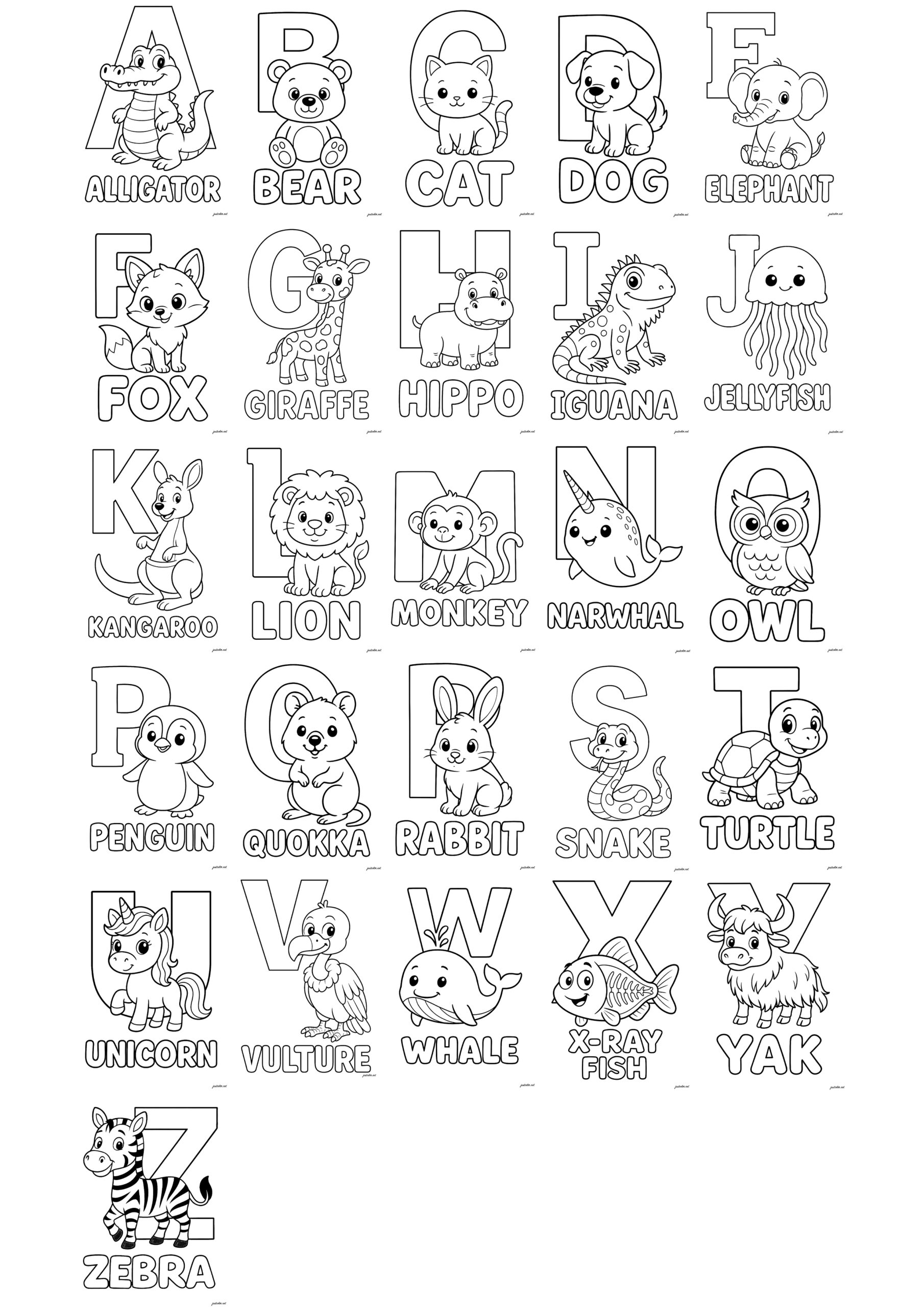 A To Z Alphabet Coloring Pages Printable - Animal alphabet - Alphabet Coloring Pages