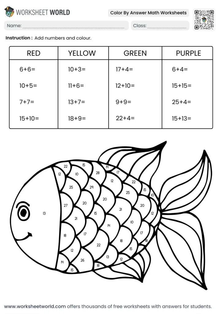 Free printable Add And Color Math Worksheets featuring a color by answer fish design