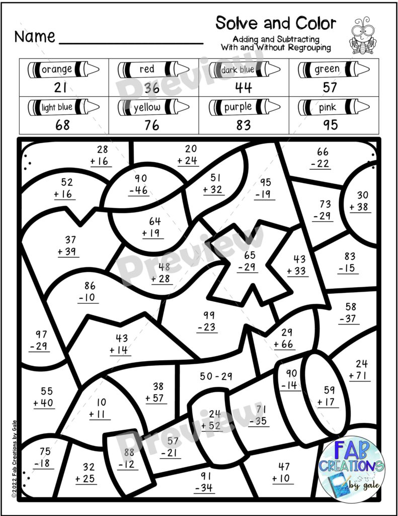 Adding And Subtracting Coloring Worksheets - Double Digit Addition And Subtraction Printable Worksheets - Preschool ...