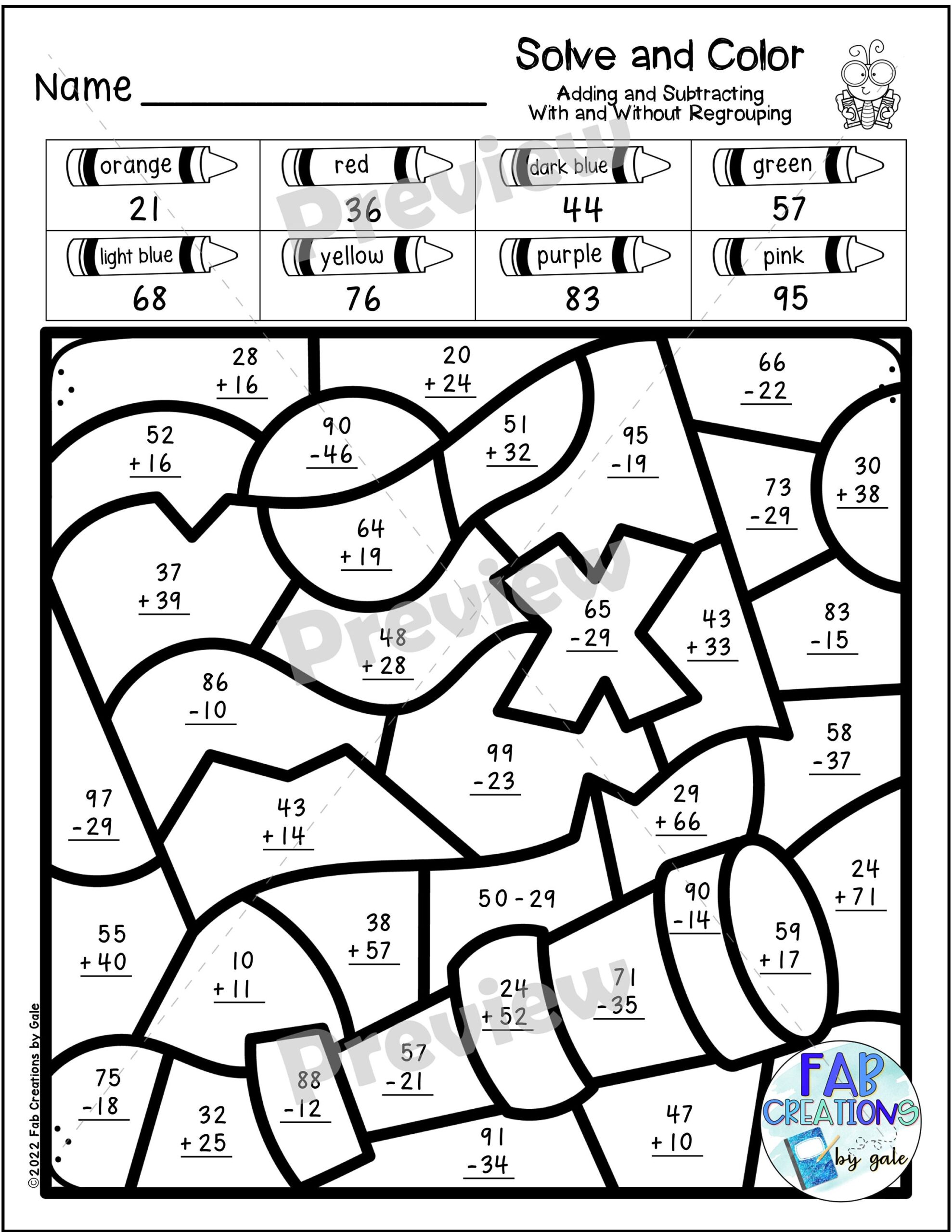 Adding And Subtracting Coloring Worksheets - Double Digit Addition And Subtraction Printable Worksheets - Preschool ...