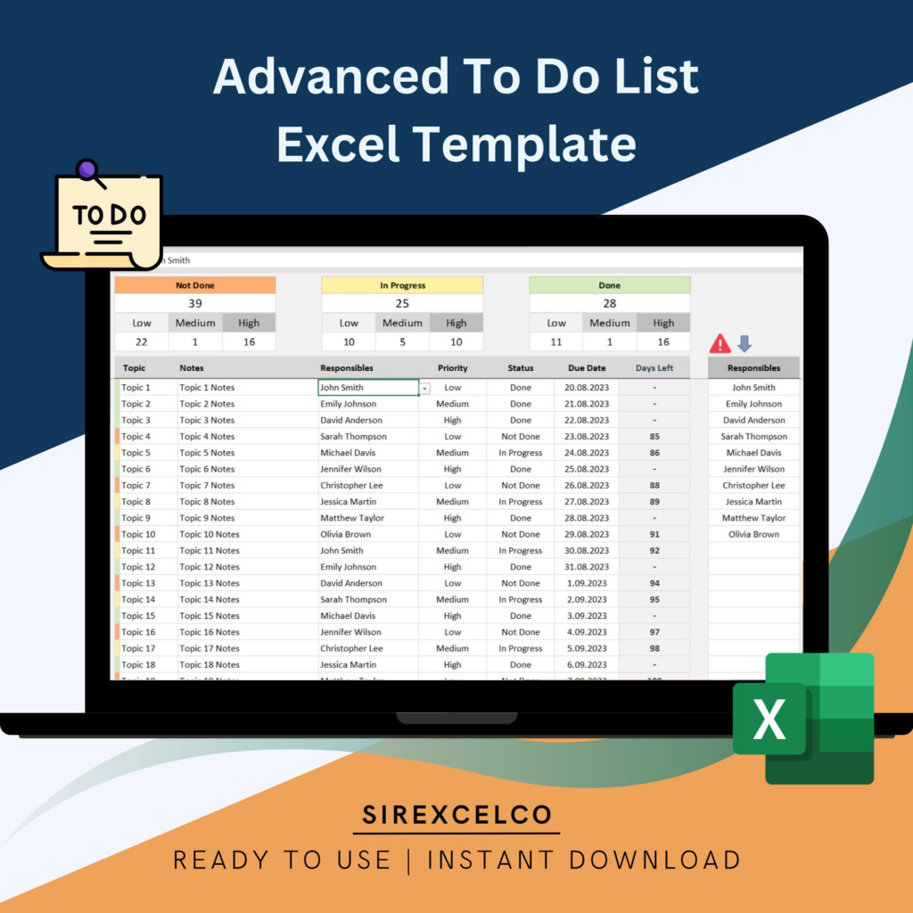 advanced to do list excel template digital daily planner printable productivity planner monthly to do list
