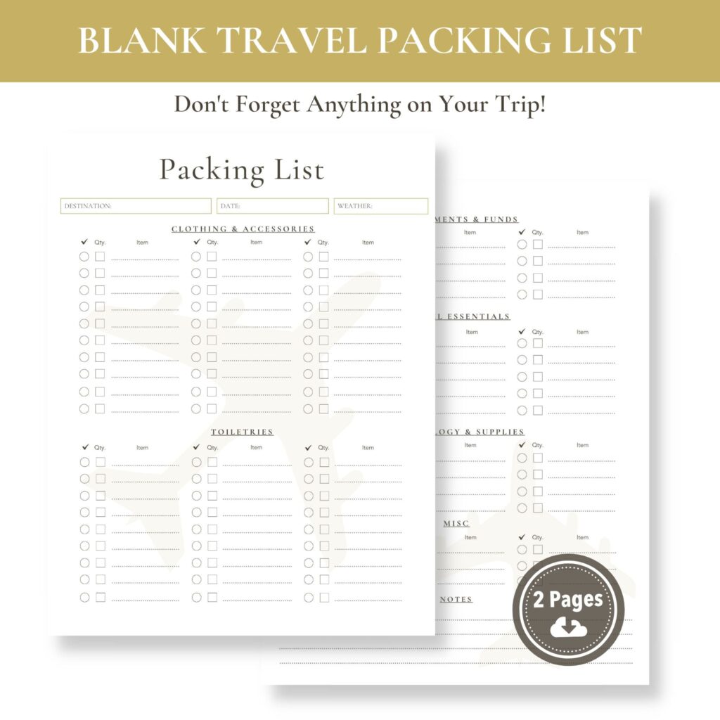 blank travel packing list printable