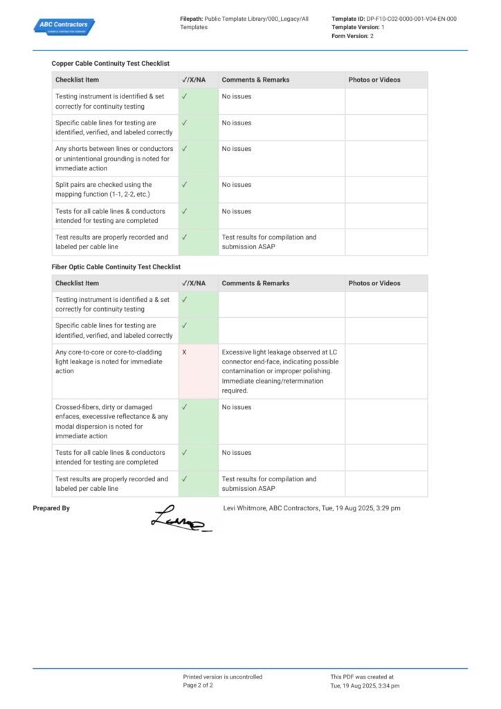 cable continuity test checklist template cable continuity test checklist template
