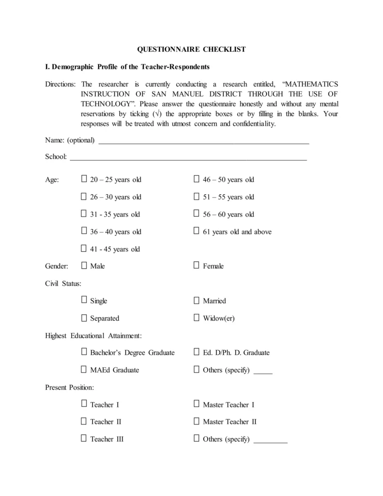 Checklist Template For Academic Research - questionnaire checklist