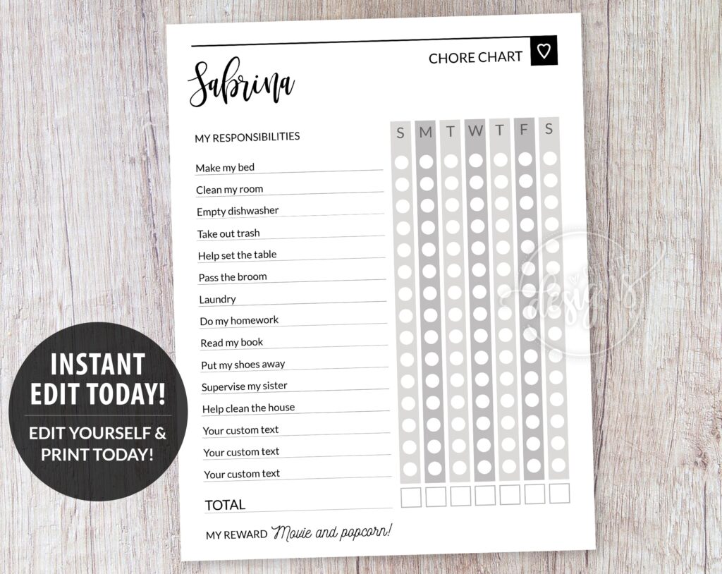 chore list template for teens kids grey responsibility chart printable editable template
