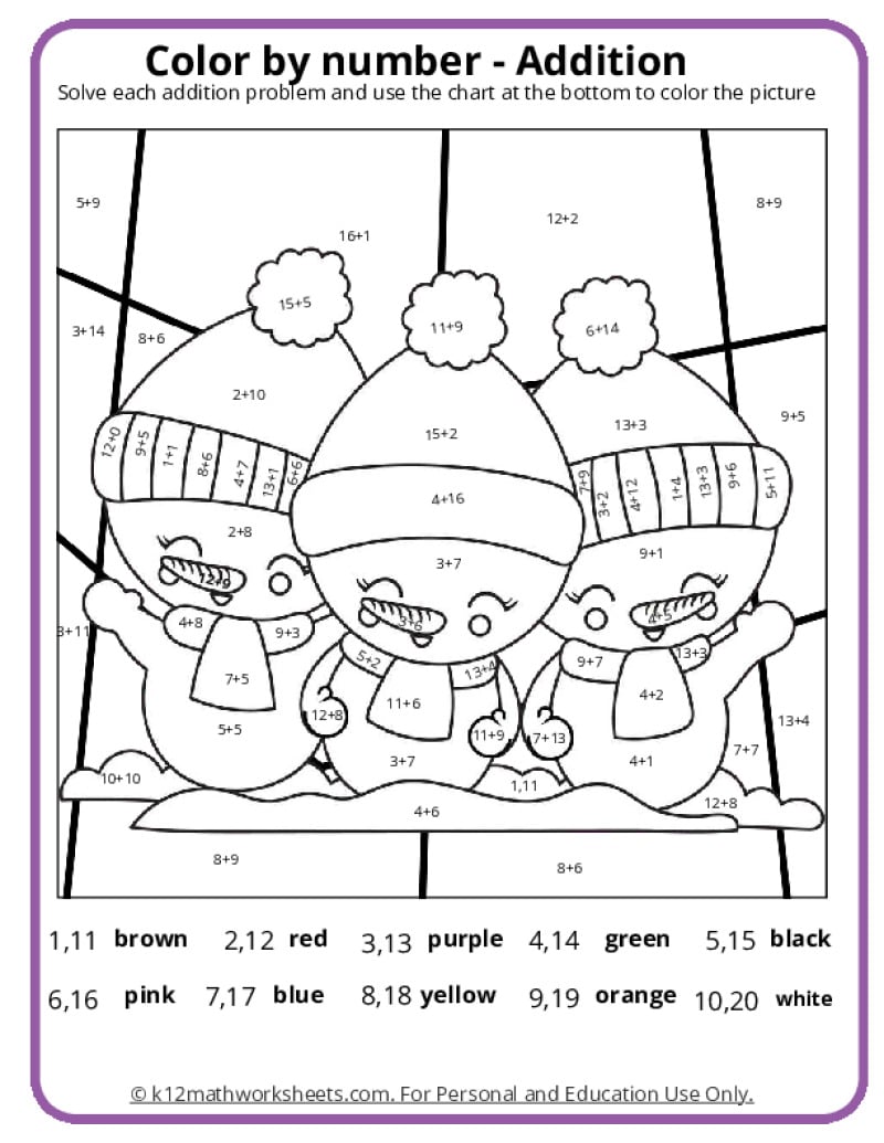 Color By Number Addition Free - Printable 2 Digit Addition Coloring Worksheets Free