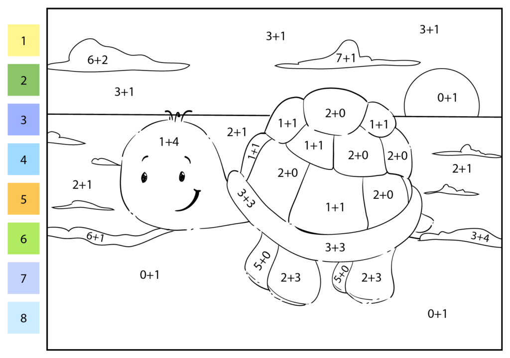 Color By Number Addition Sheets with a cheerful turtle and addition problems for kids