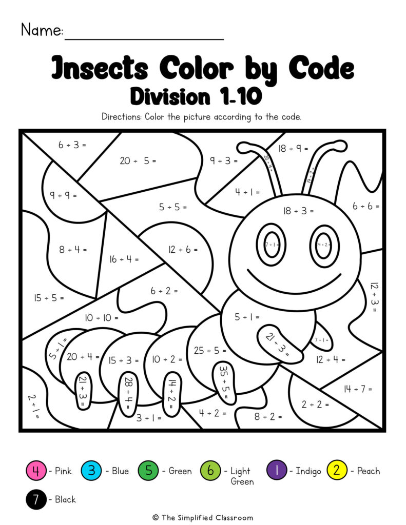 Color By Number Math Worksheets 3rd Grade featuring insects and animals with division problems