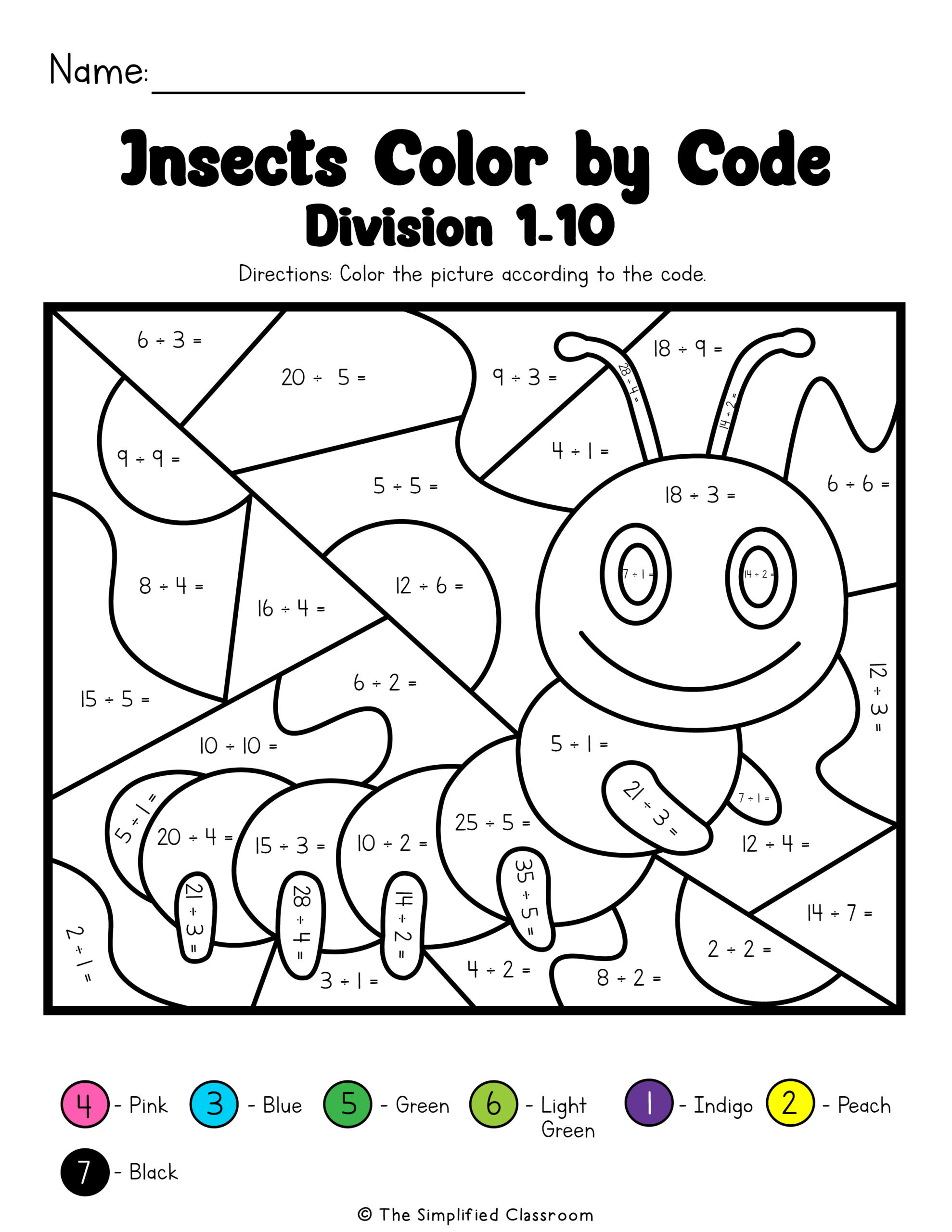 Color By Number Math Worksheets 3rd Grade featuring insects and animals with division problems