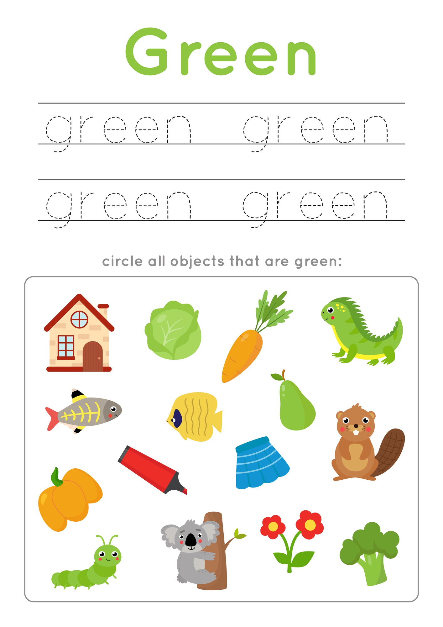 Color Green Worksheets For Preschoolers - Green Colour Objects For Preschool
