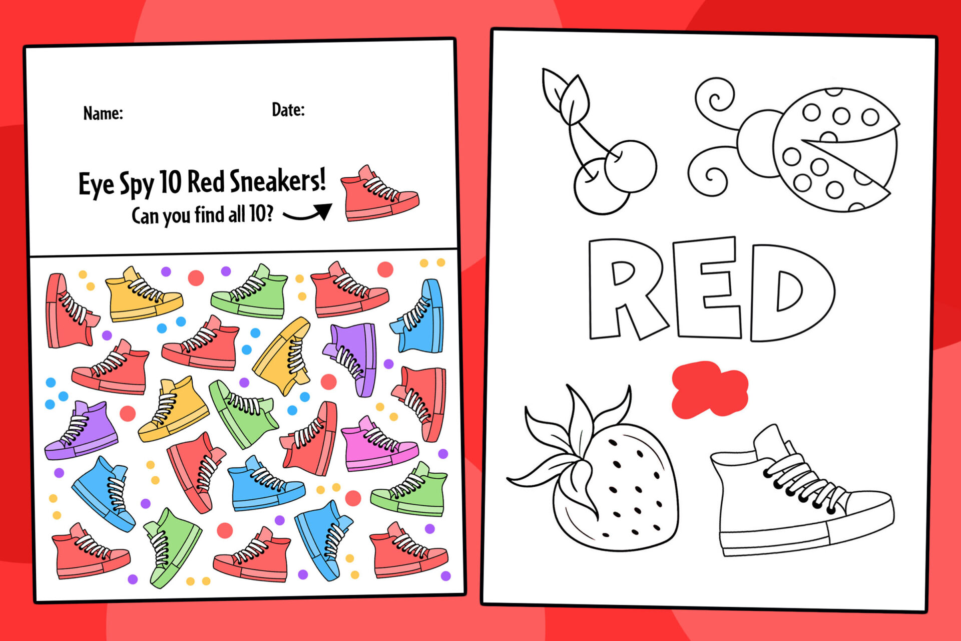 Engaging Color Red Activities For Preschool featuring an Eye Spy game and coloring page