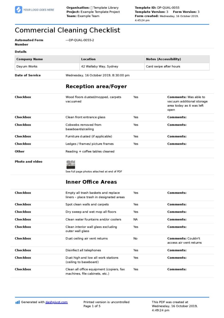 commercial cleaning checklist template