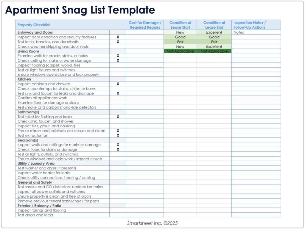 Condition Check-In List Template - construction snag list template