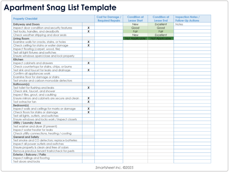 Condition Check-In List Template - construction snag list template