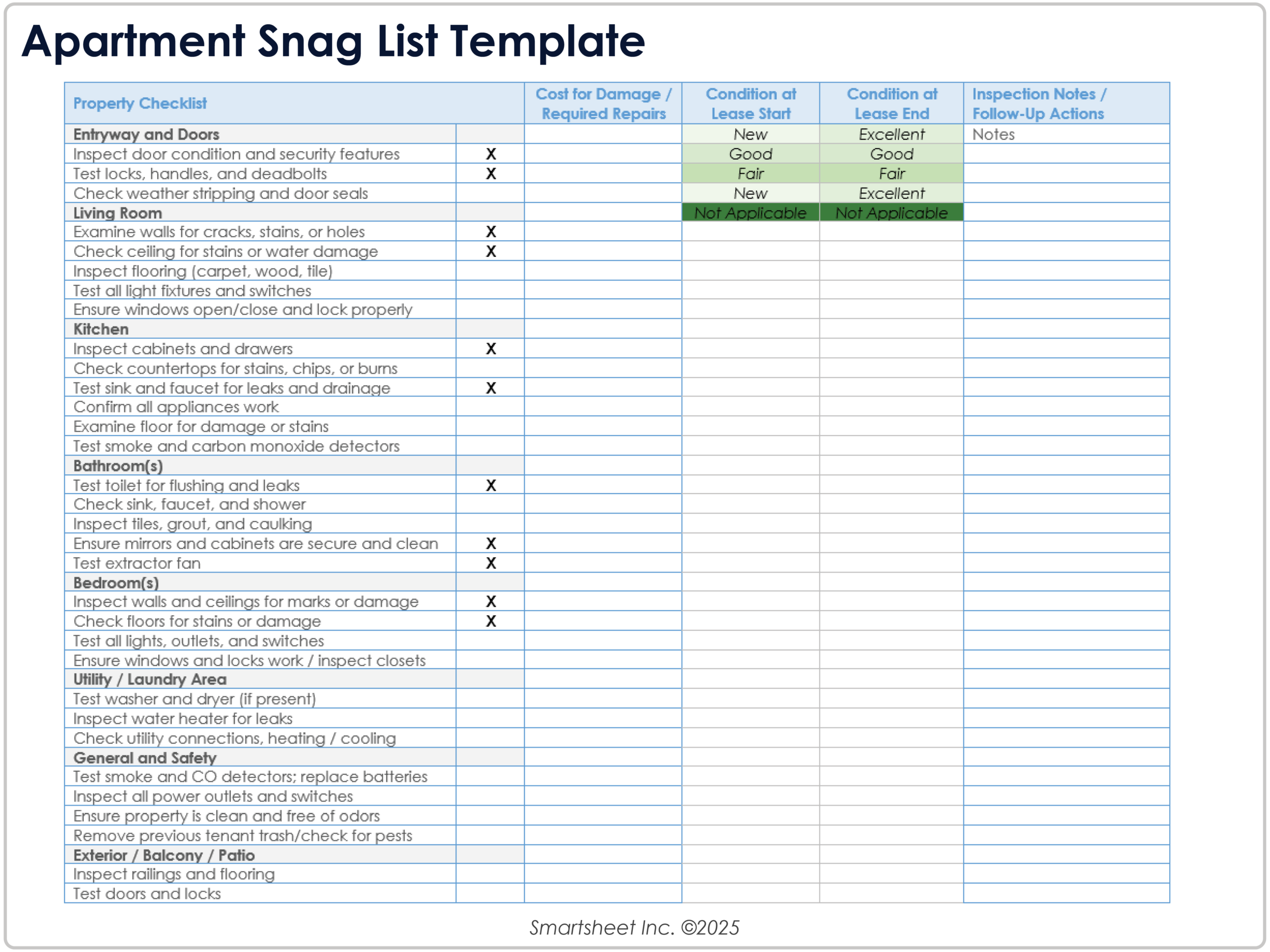 Condition Check-In List Template - construction snag list template
