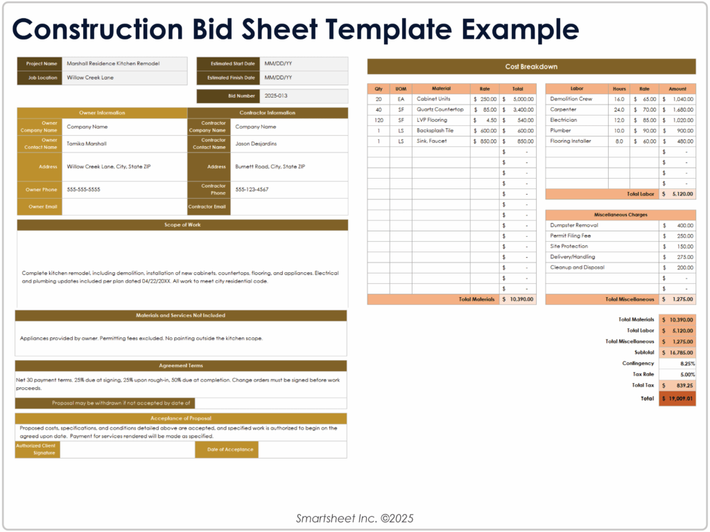 construction bid templates and forms