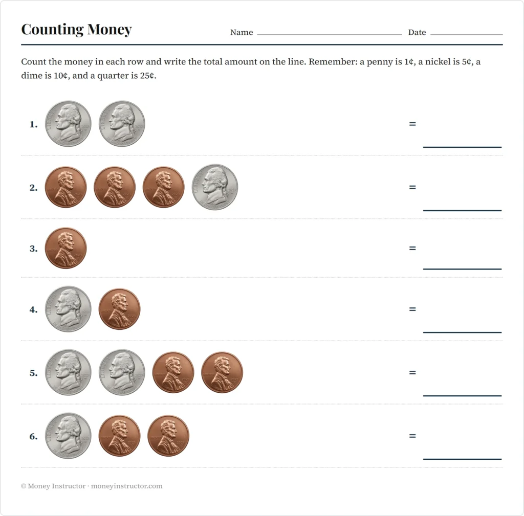 Free printable Counting Pennies And Nickels Worksheets for counting money practice