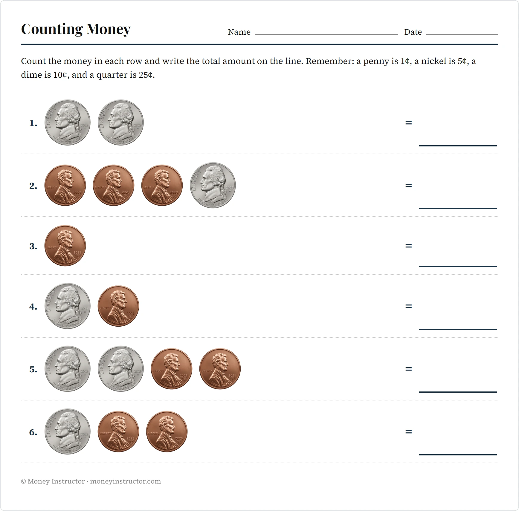 Free printable Counting Pennies And Nickels Worksheets for counting money practice