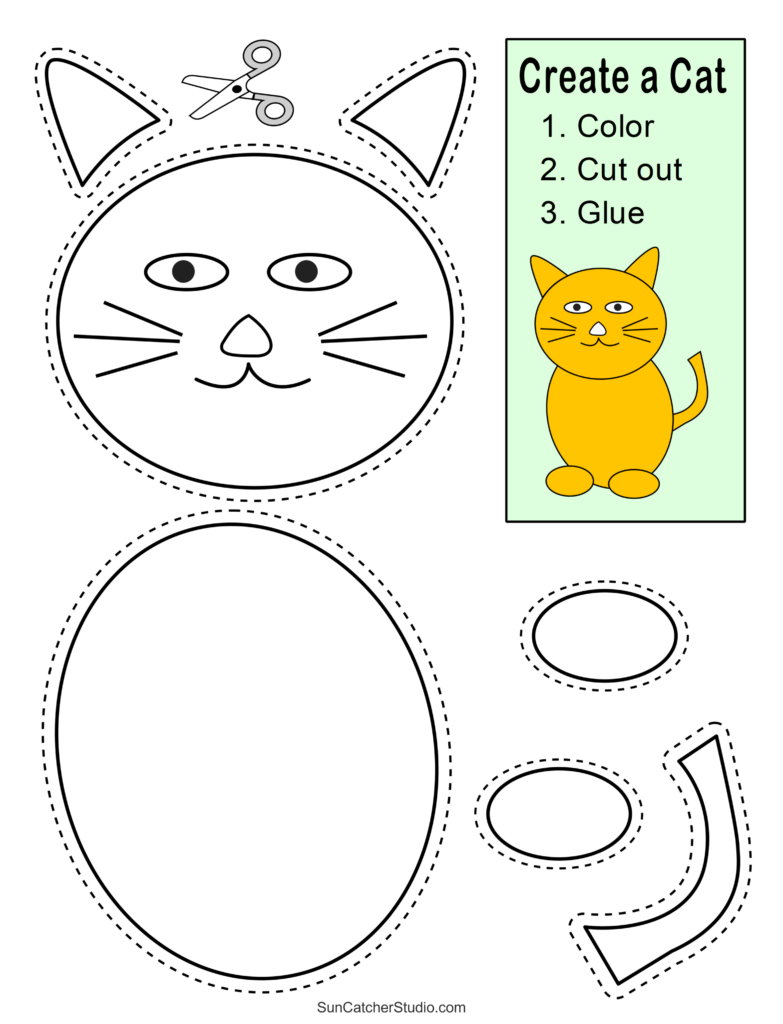 Free printable Cut And Paste Animals Worksheets featuring a cat template for kids to color and assemble