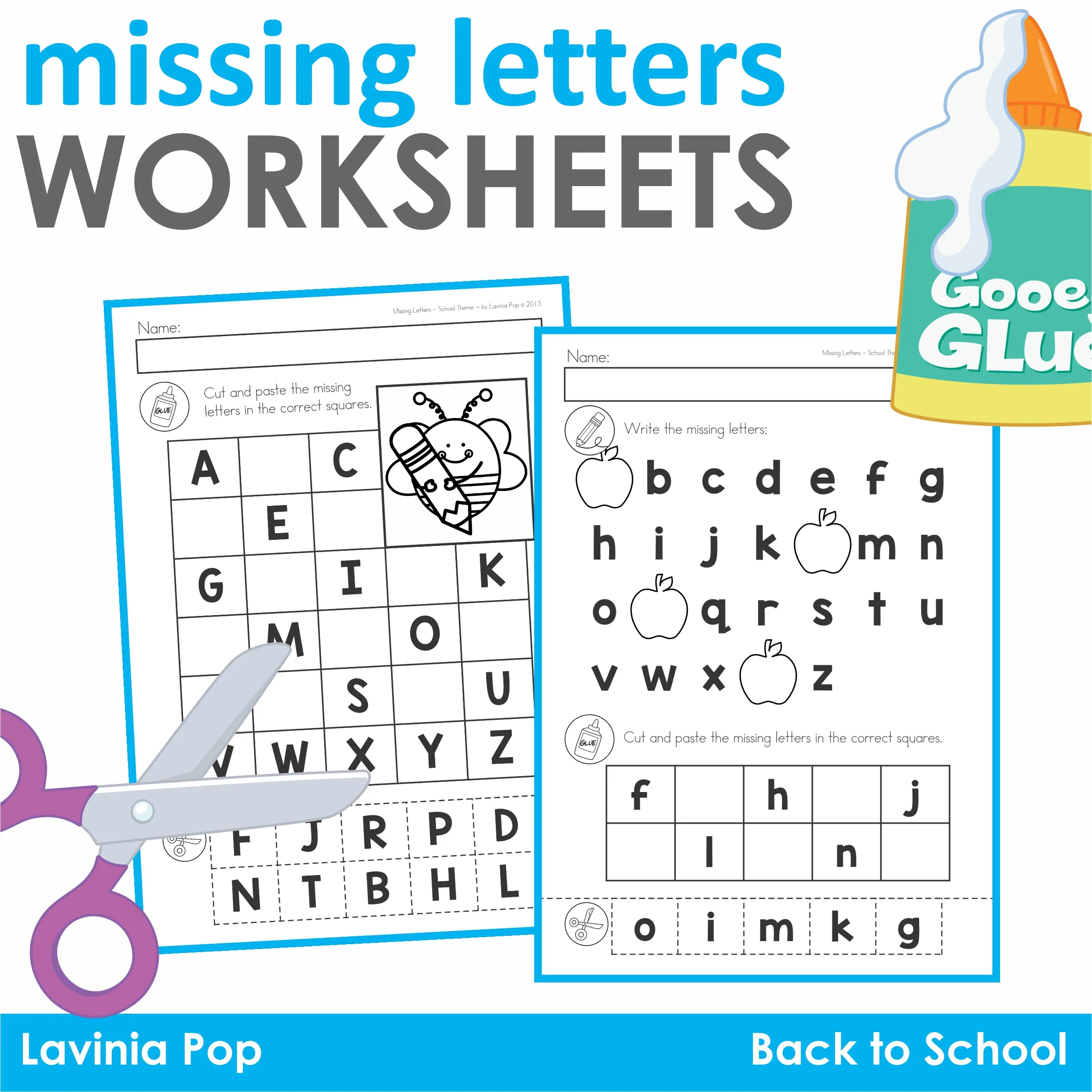 Engaging Cut And Paste Letters Worksheets featuring missing letters and fun illustrations for kids