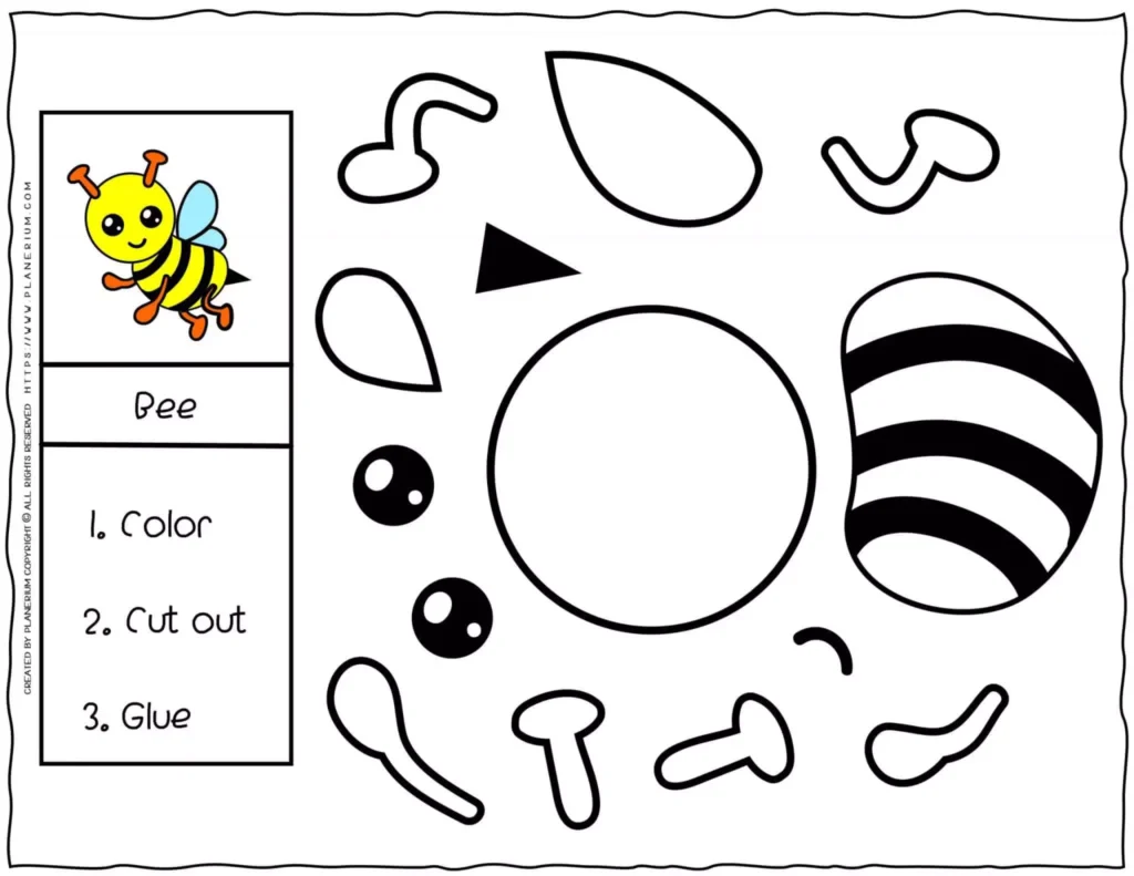 Free printable Cut And Paste Spring Worksheets featuring a bee cut and glue activity for kids