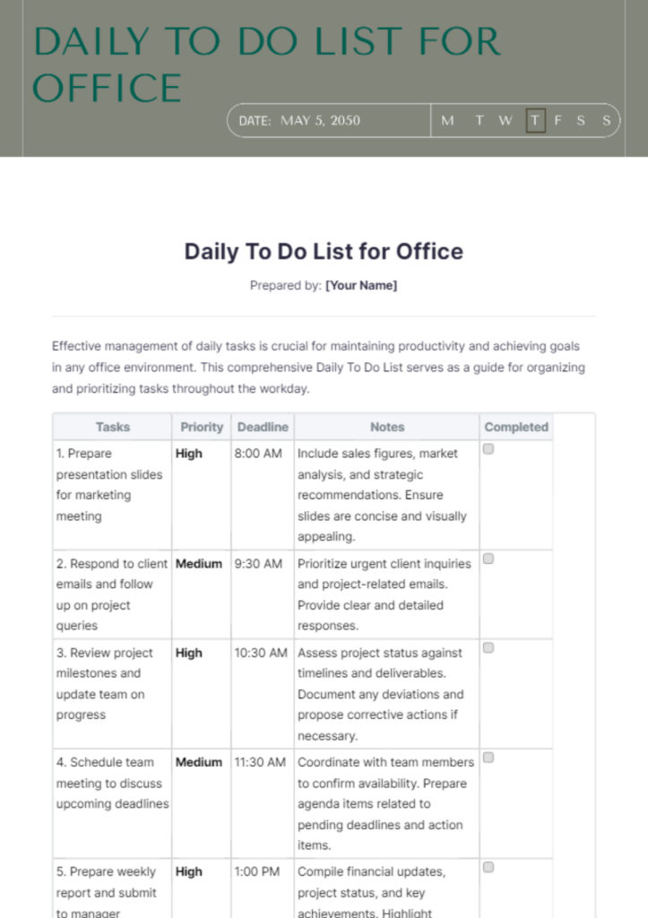 daily to do list for office