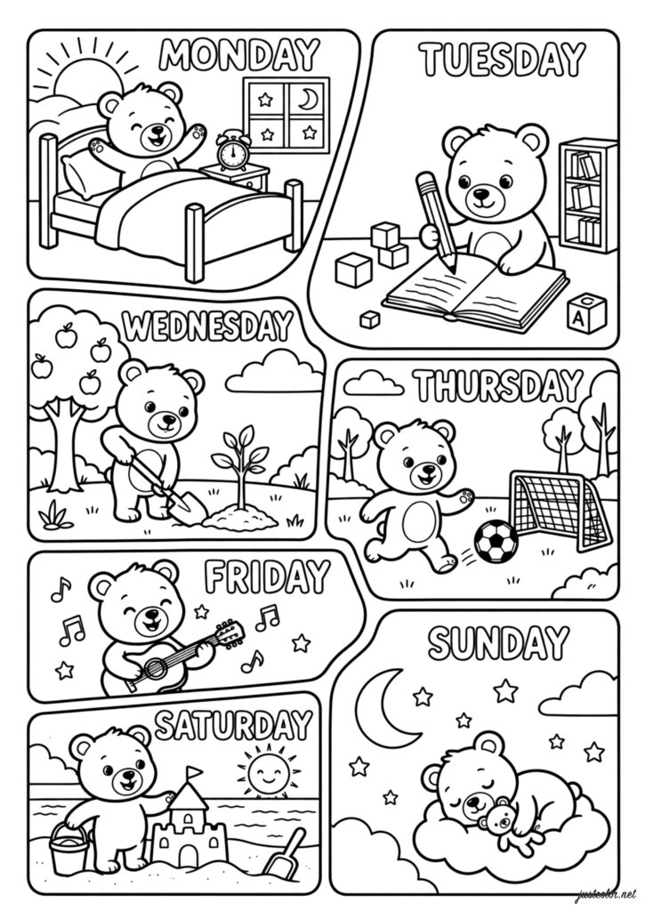 Days Of The Week Coloring Worksheets for Kids Free printable Days Of The Week Coloring Worksheets featuring cute bears for each day
