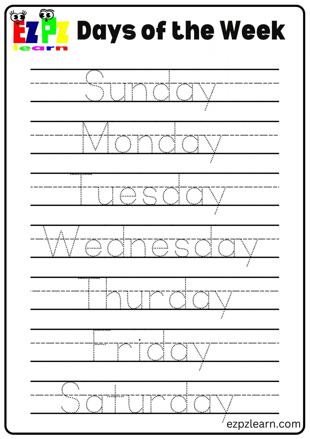 Days Of The Week Tracing Worksheets - Alajnabia.com