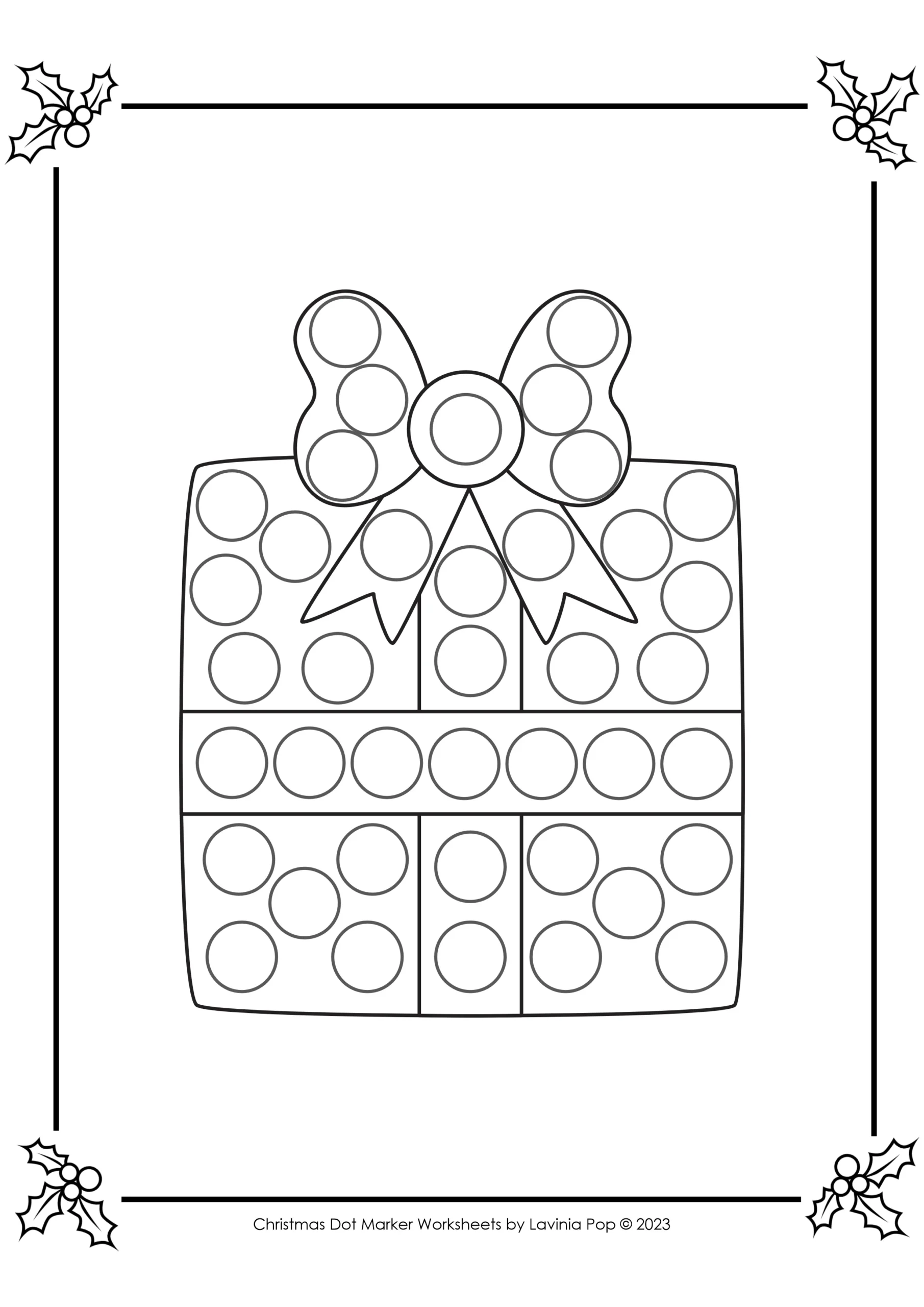 Free printable Do A Dot Coloring Pages featuring a Christmas gift design for kids