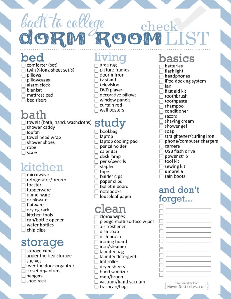 dorm room checklist free printable