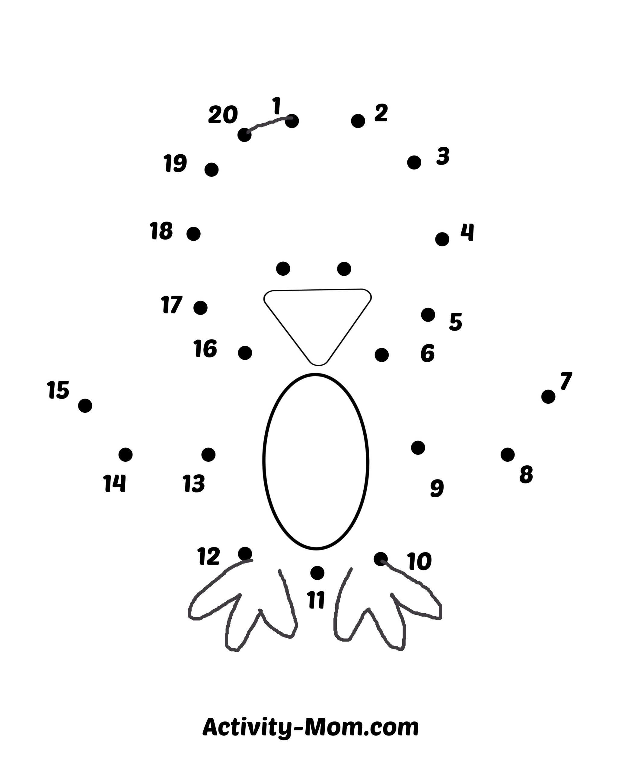 Engaging dot to dot numbers 1 20 printable worksheet featuring a fun character