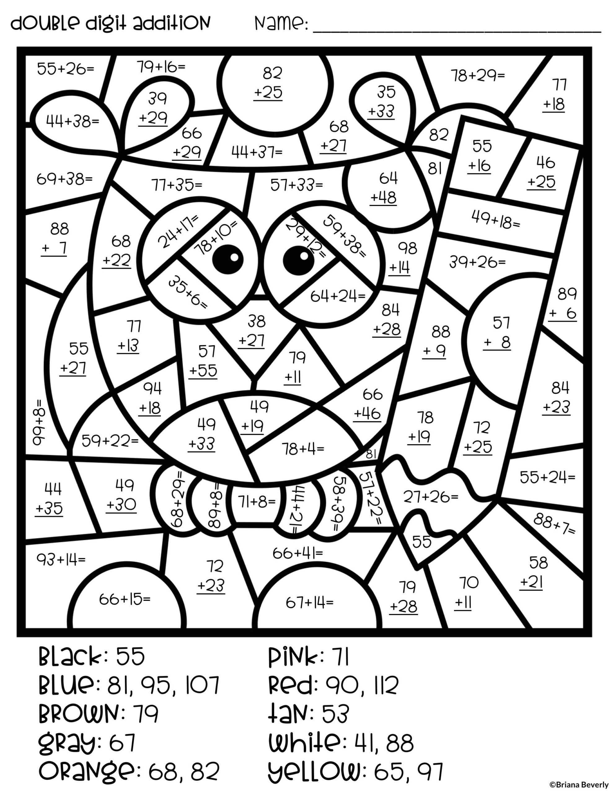 Engaging Double Digit Addition Color By Number worksheet featuring fun illustrations and addition problems