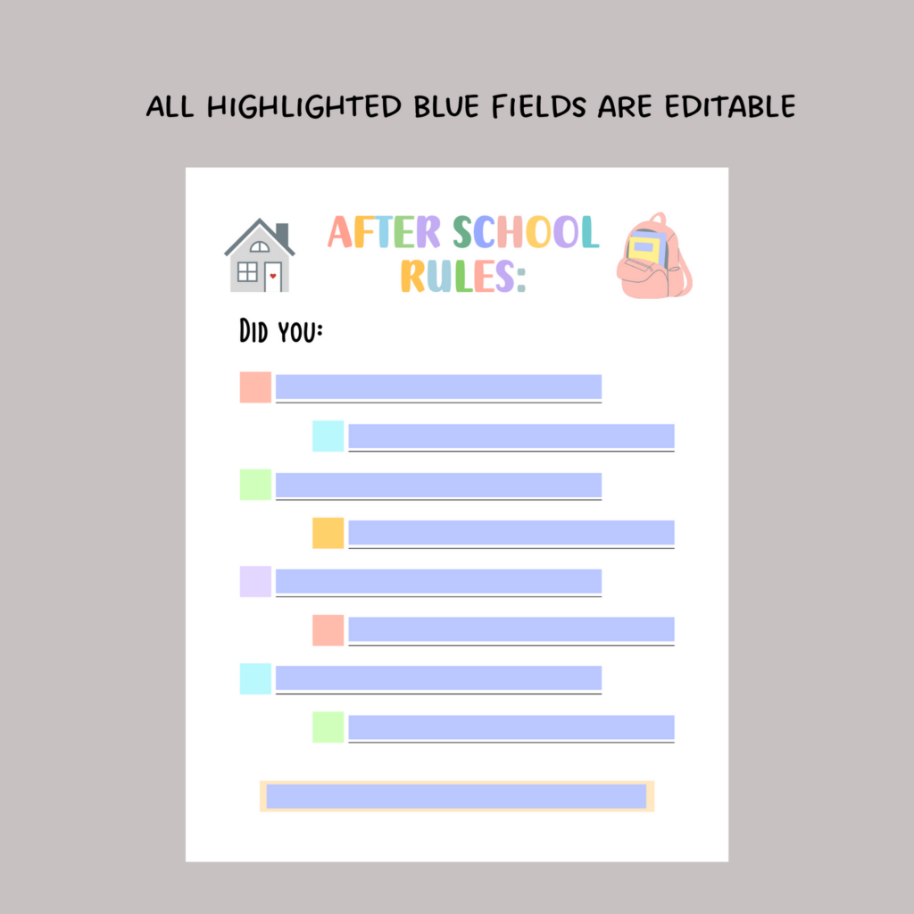 editable after school rules printable 90658
