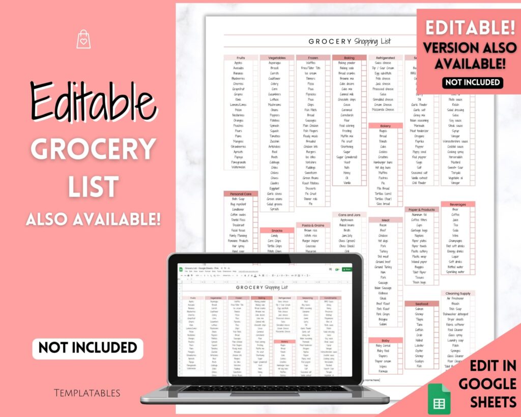 editable grocery list google sheets pink editable grocery list google sheets pink