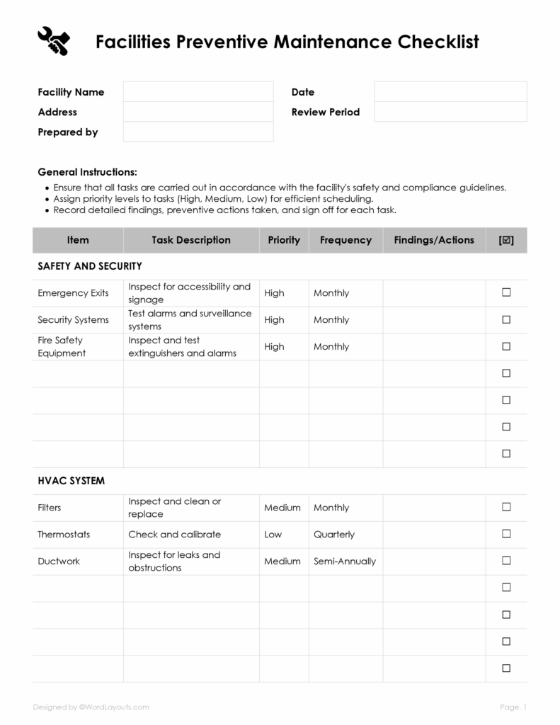 facilities preventive maintenance checklist