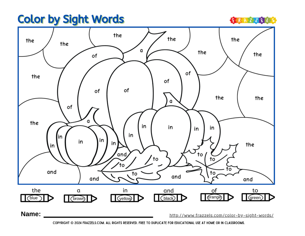 Engaging Fall Color By Sight Word printable featuring pumpkins and leaves for kids to color