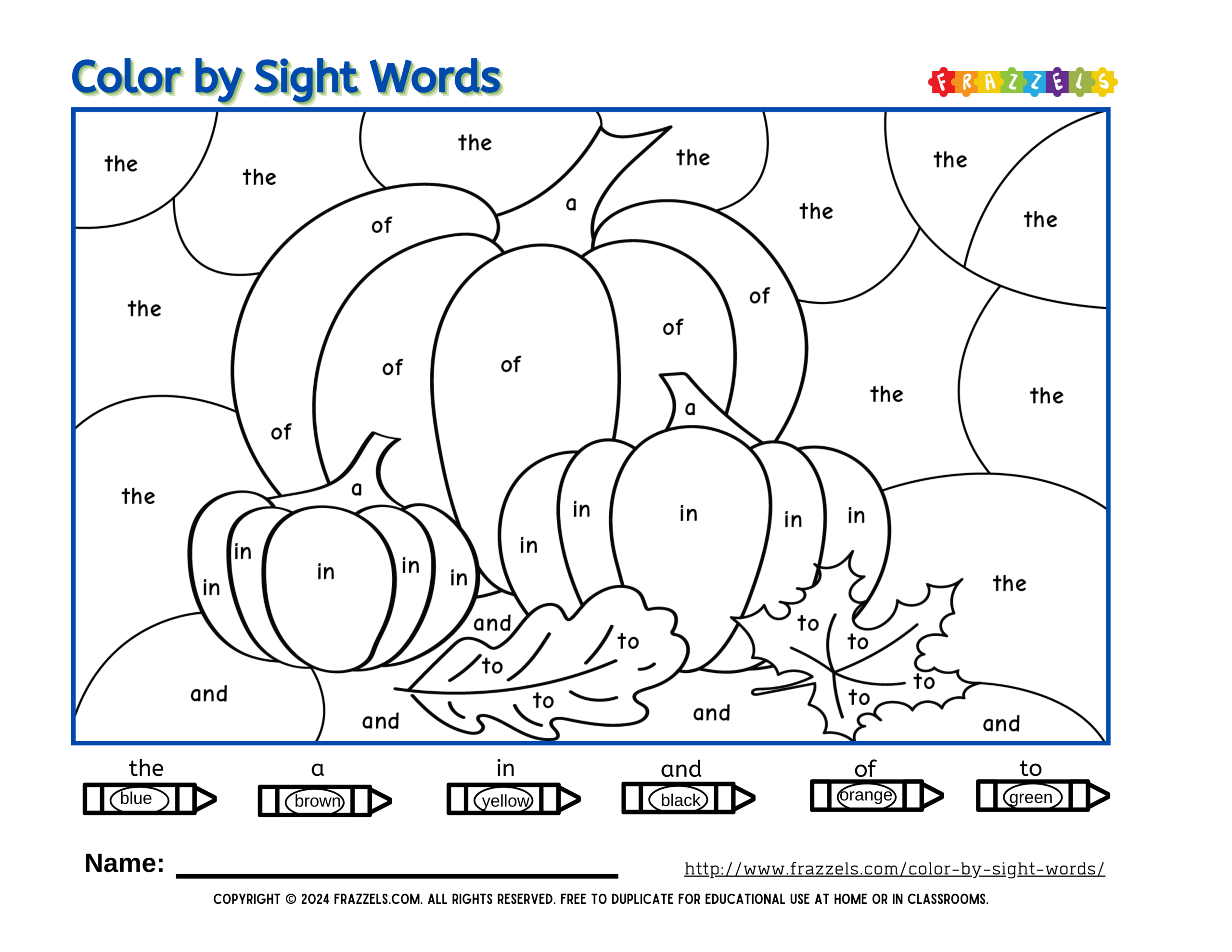 Engaging Fall Color By Sight Word printable featuring pumpkins and leaves for kids to color