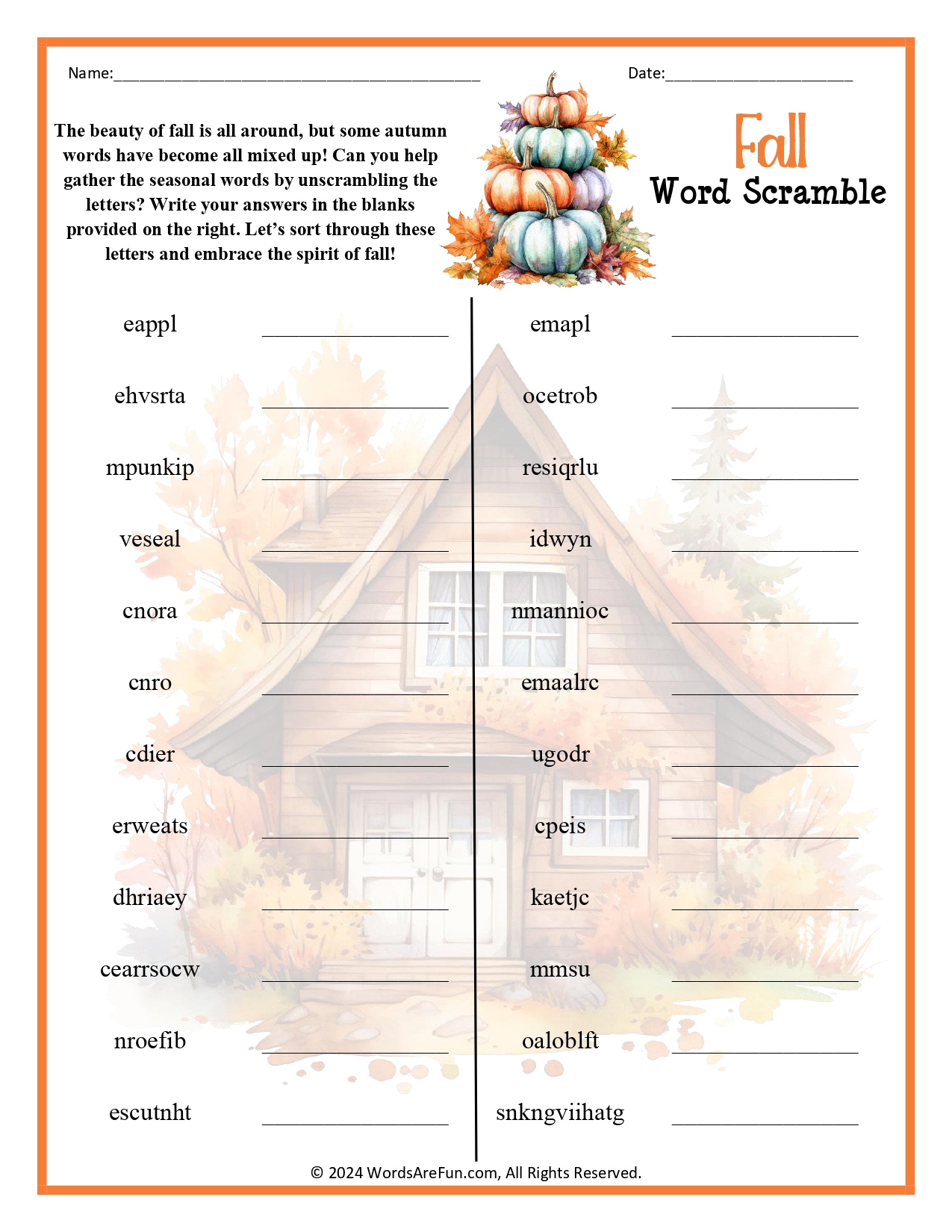 Fall Word Scramble With Answers