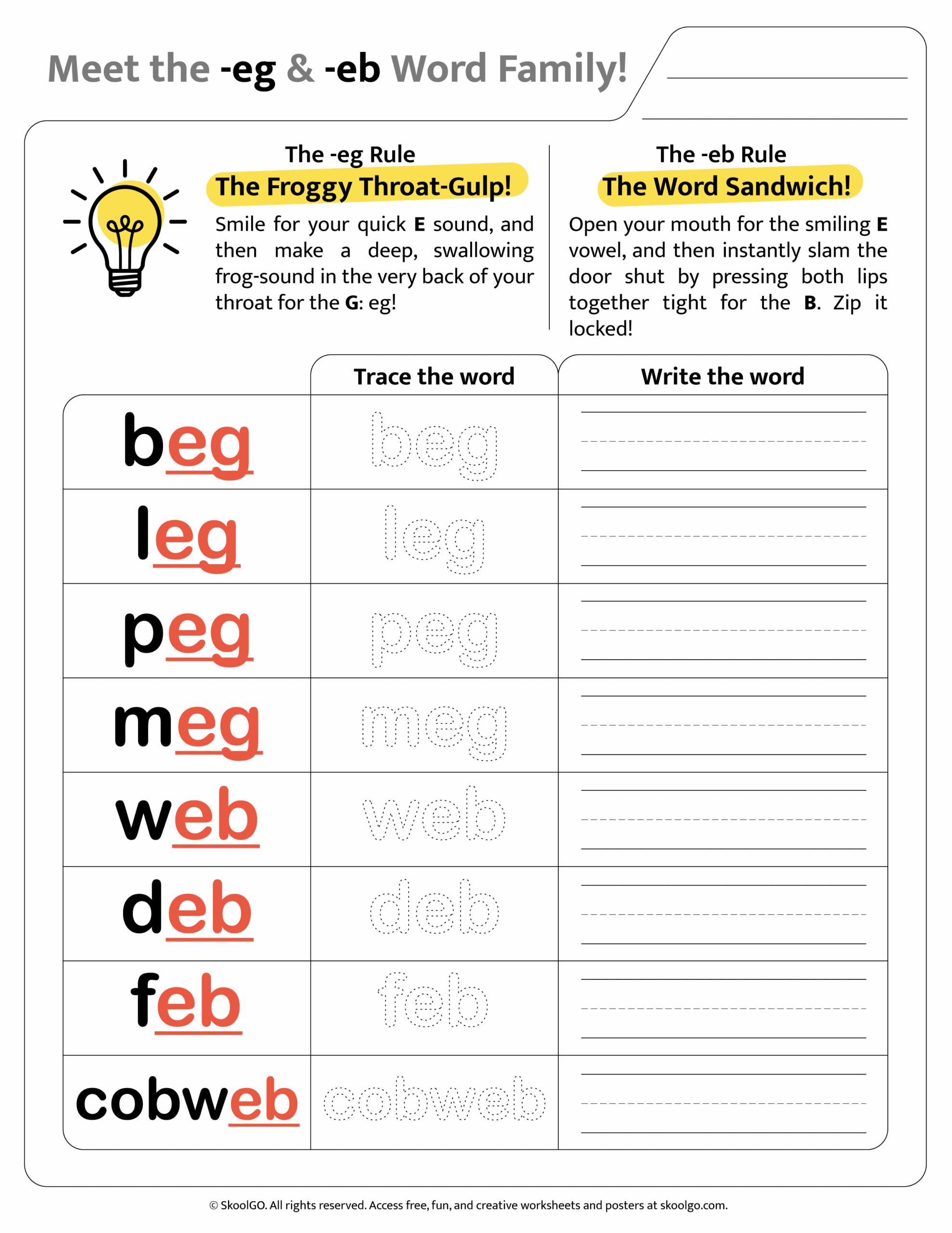 Engaging Family Words Worksheet For Kindergarten featuring -eg and -eb word families