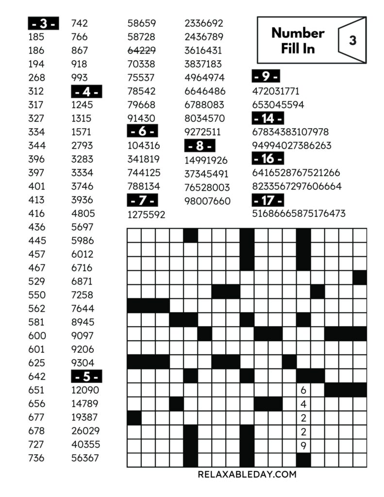 Free Fill In Puzzles Printable Free featuring a number fill in puzzle grid