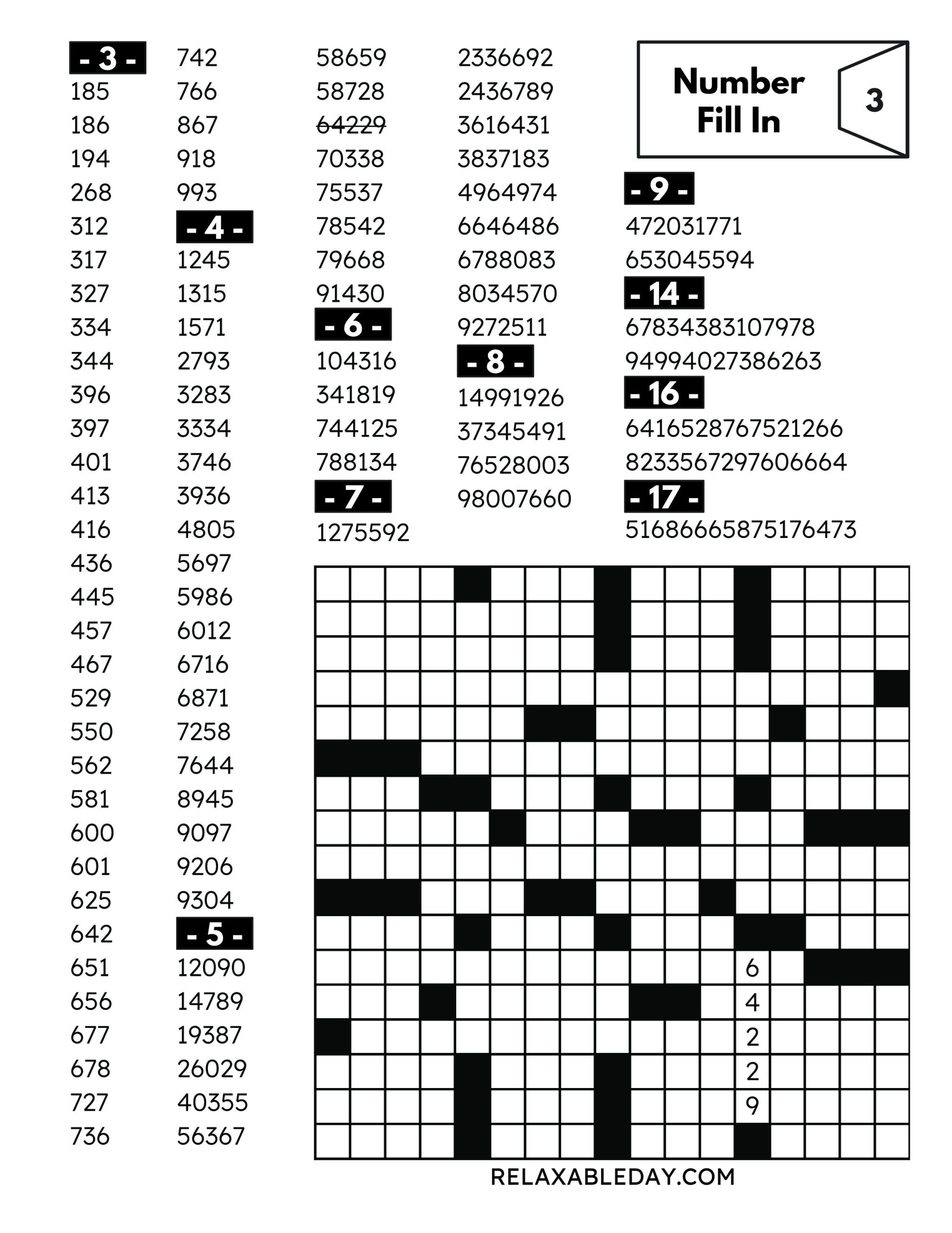 Free Fill In Puzzles Printable Free featuring a number fill in puzzle grid