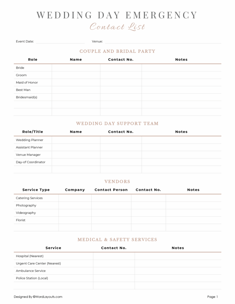 Fill In The Blank Numbered Checklist Template - wedding emergency contact list template