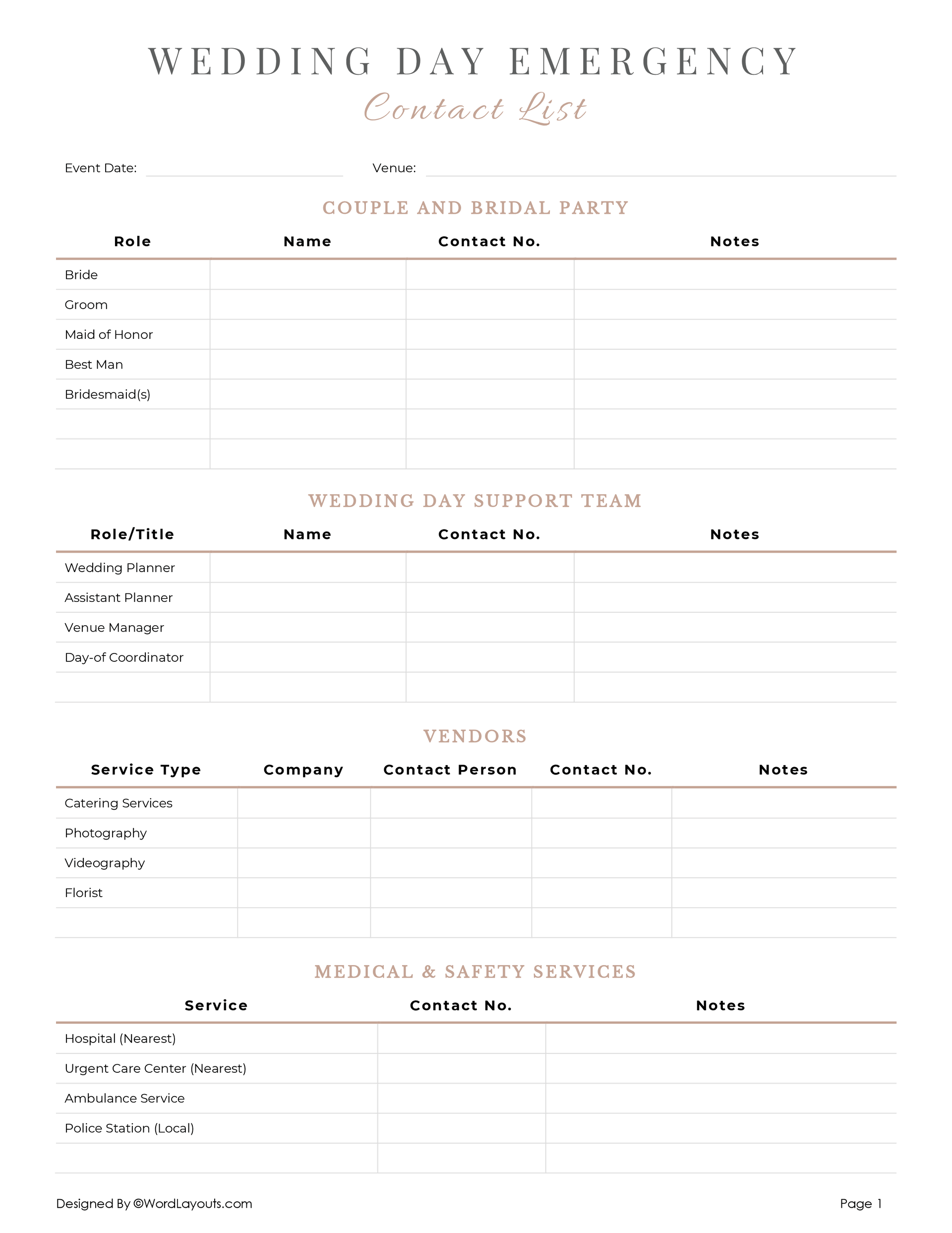 Fill In The Blank Numbered Checklist Template - wedding emergency contact list template