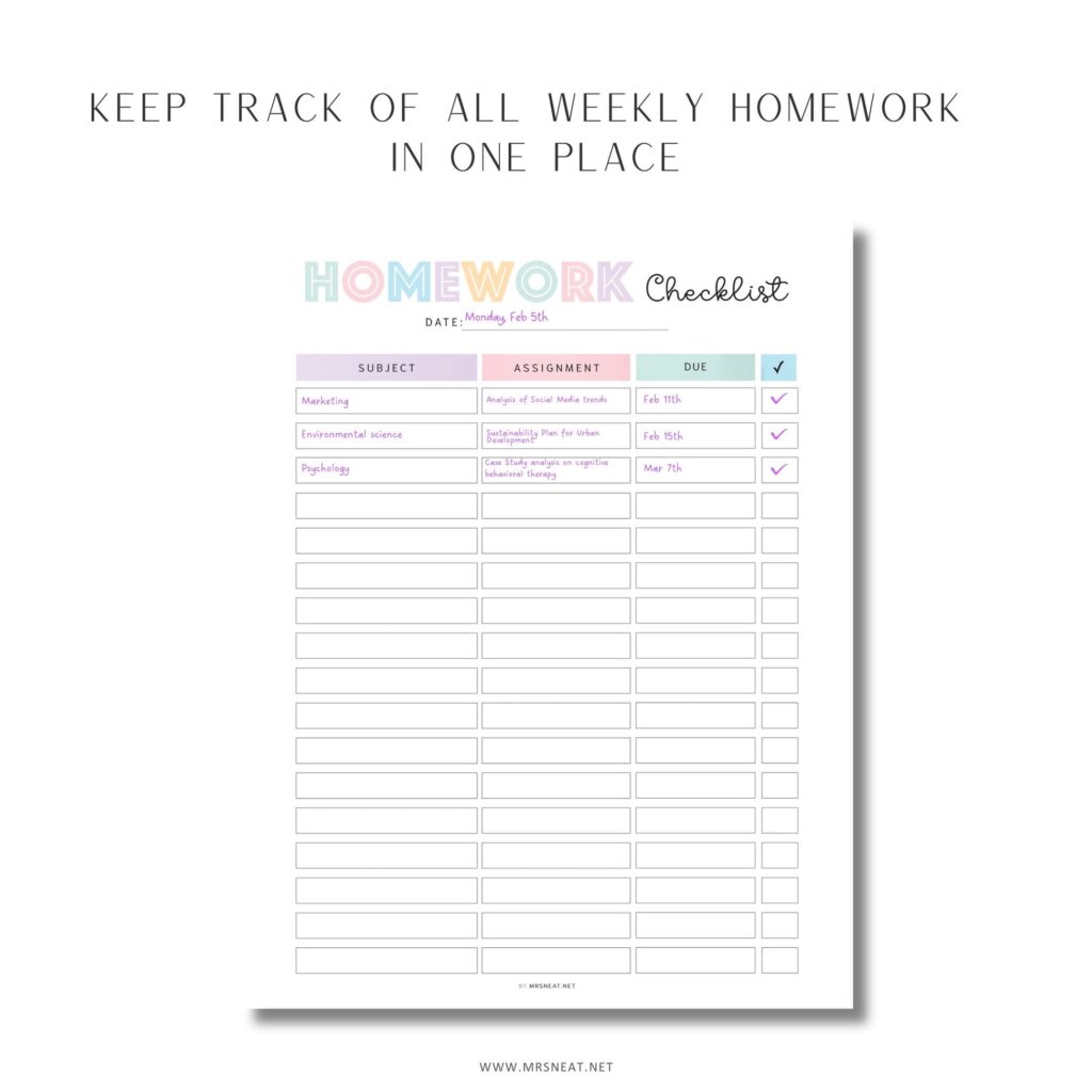 Free Checklist Template For Students - homework checklist template printable m540