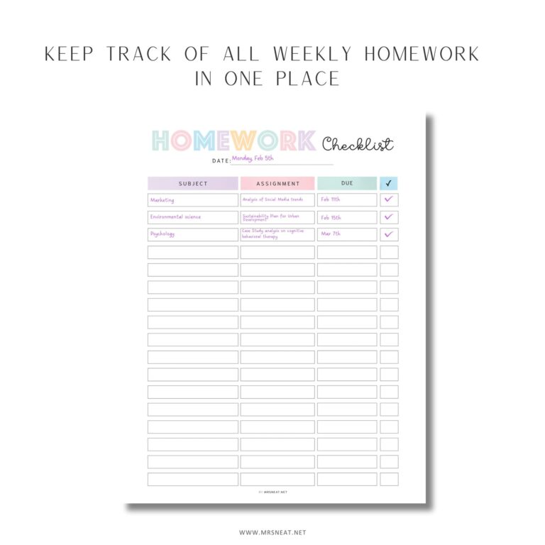 Free Checklist Template For Students - homework checklist template printable m540