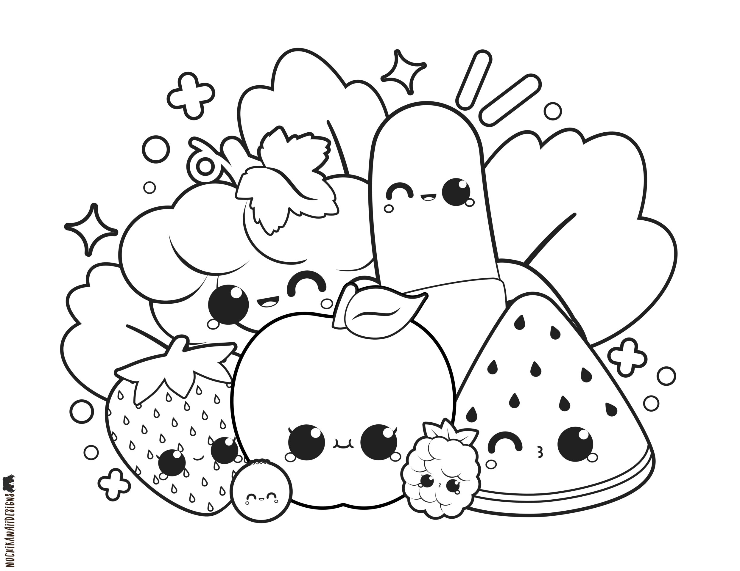 Free Colouring Pages Of Fruits - Cute kawaii fruit coloring page featuring various smiling fruits and leaves for kids