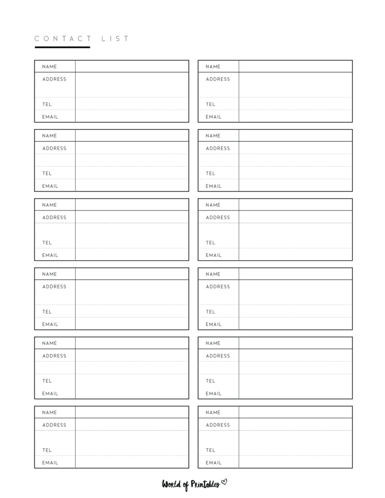 Free Fill In The Blank Contacts Checklist - contact list templates