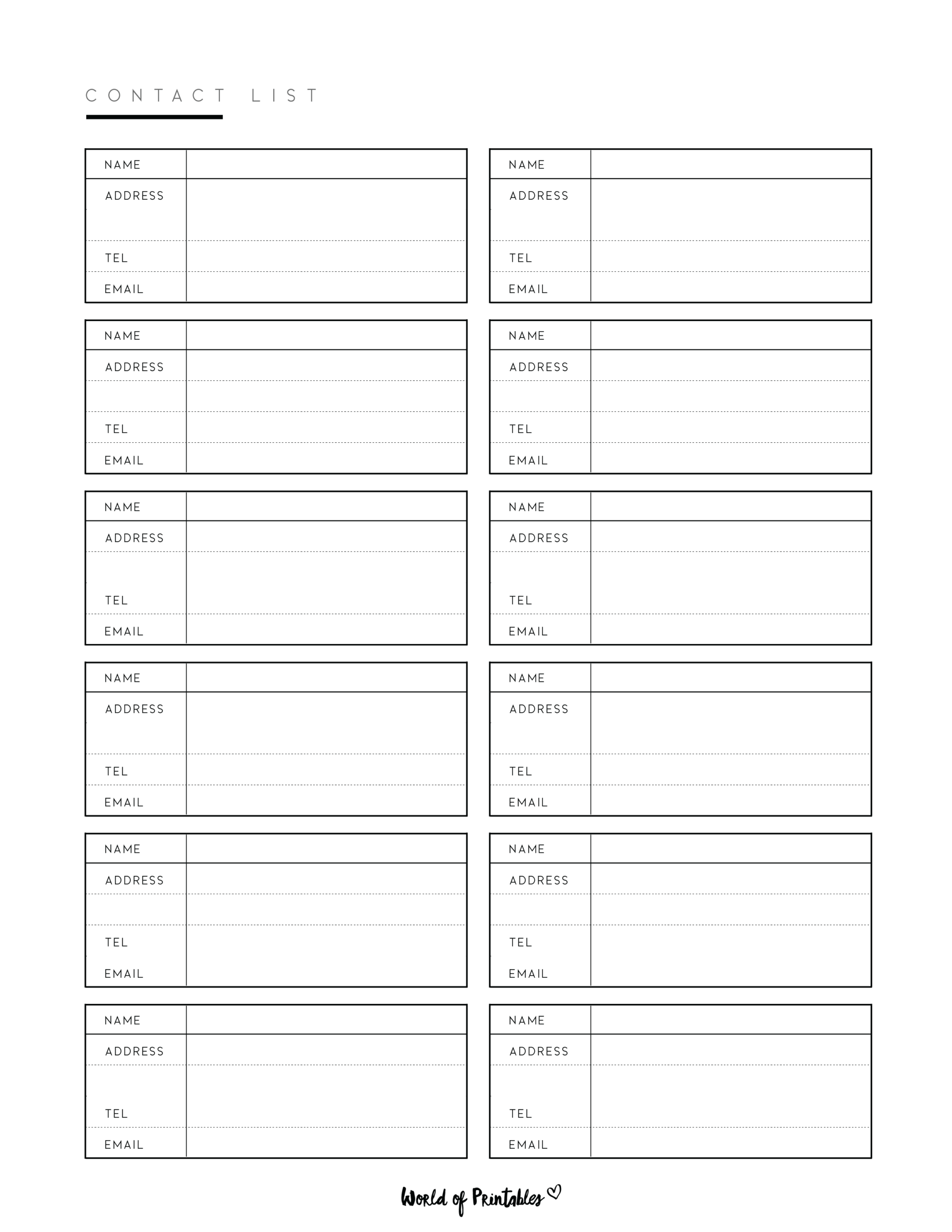 Free Fill In The Blank Contacts Checklist - contact list templates